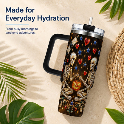 #pl[40oz|Black] Skeleton Couple 40oz Tumbler with Handle, Pumpkin Hearts Travel Cup