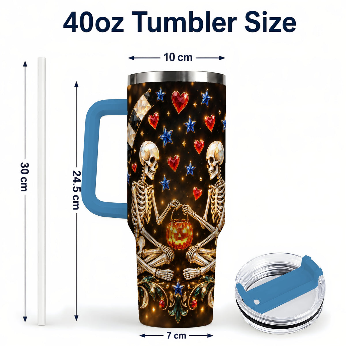 #pl[40oz|Blue] Skeleton Couple 40oz Tumbler with Handle, Pumpkin Hearts Travel Cup