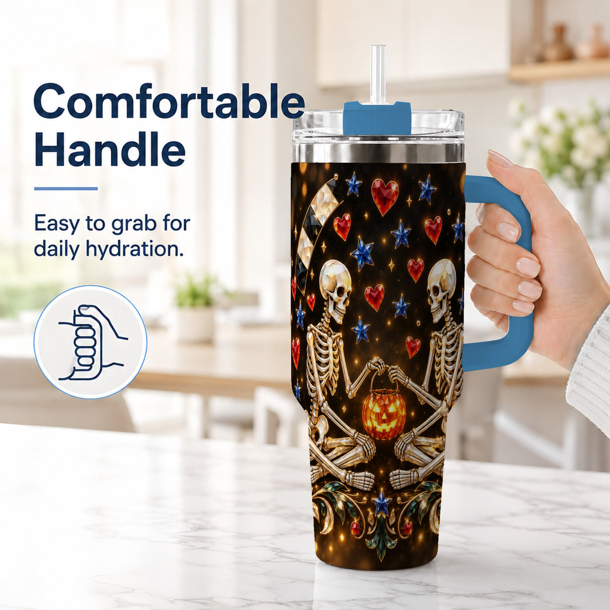 #pl[40oz|Blue] Skeleton Couple 40oz Tumbler with Handle, Pumpkin Hearts Travel Cup