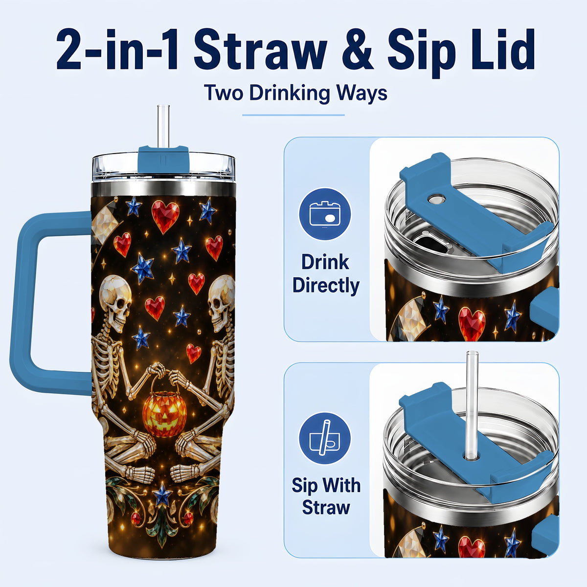 #pl[40oz|Blue] Skeleton Couple 40oz Tumbler with Handle, Pumpkin Hearts Travel Cup