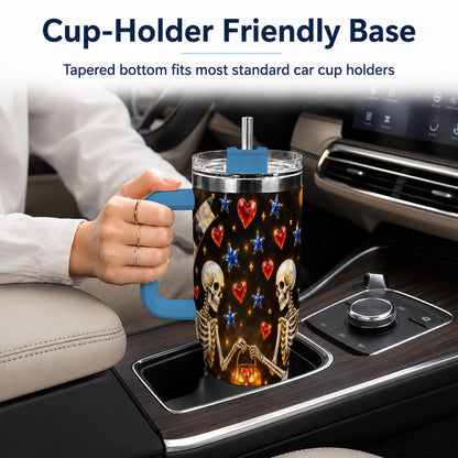 #pl[40oz|Blue] Skeleton Couple 40oz Tumbler with Handle, Pumpkin Hearts Travel Cup