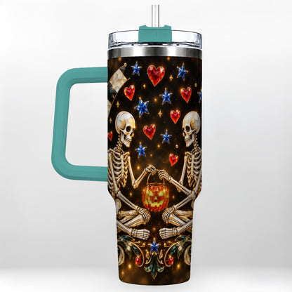 #pl[40oz|Green] Skeleton Couple 40oz Tumbler with Handle, Pumpkin Hearts Travel Cup