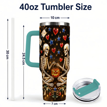#pl[40oz|Green] Skeleton Couple 40oz Tumbler with Handle, Pumpkin Hearts Travel Cup
