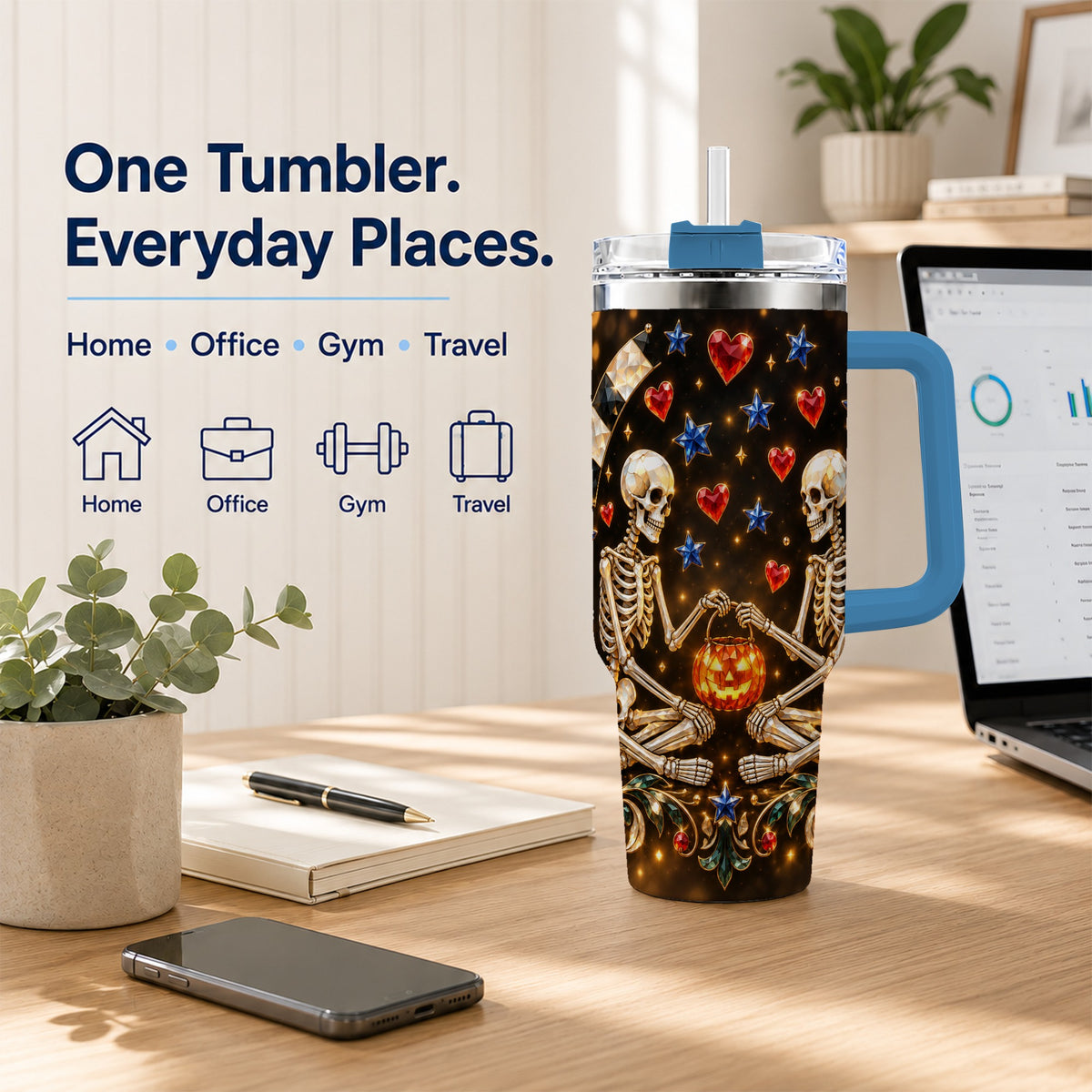 #pl[40oz|Blue] Skeleton Couple 40oz Tumbler with Handle, Pumpkin Hearts Travel Cup