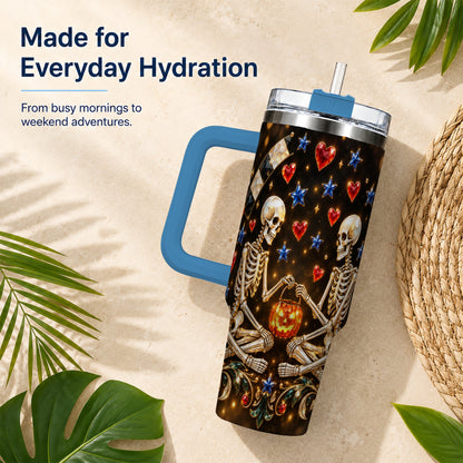 #pl[40oz|Blue] Skeleton Couple 40oz Tumbler with Handle, Pumpkin Hearts Travel Cup