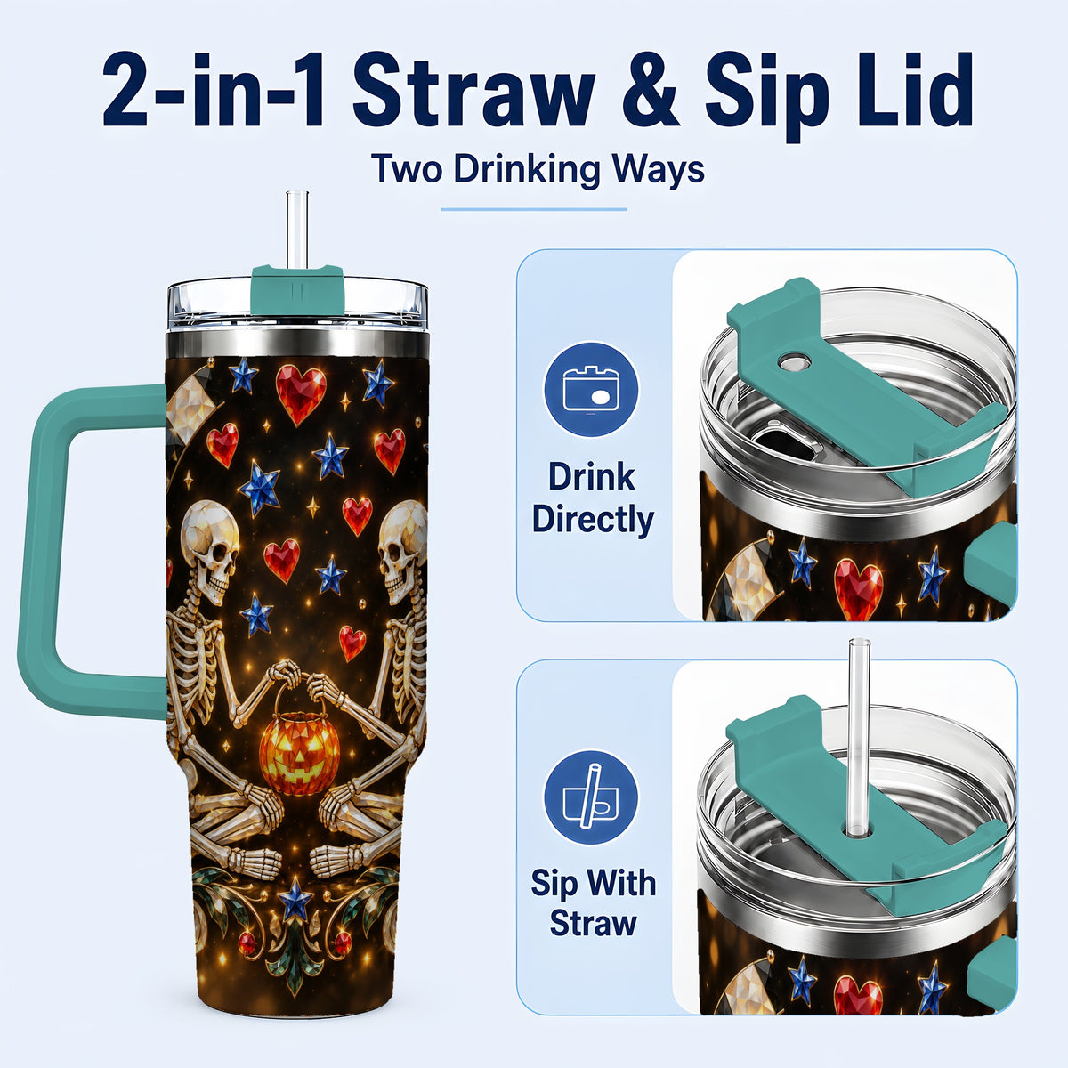 #pl[40oz|Green] Skeleton Couple 40oz Tumbler with Handle, Pumpkin Hearts Travel Cup