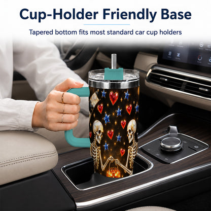 #pl[40oz|Green] Skeleton Couple 40oz Tumbler with Handle, Pumpkin Hearts Travel Cup