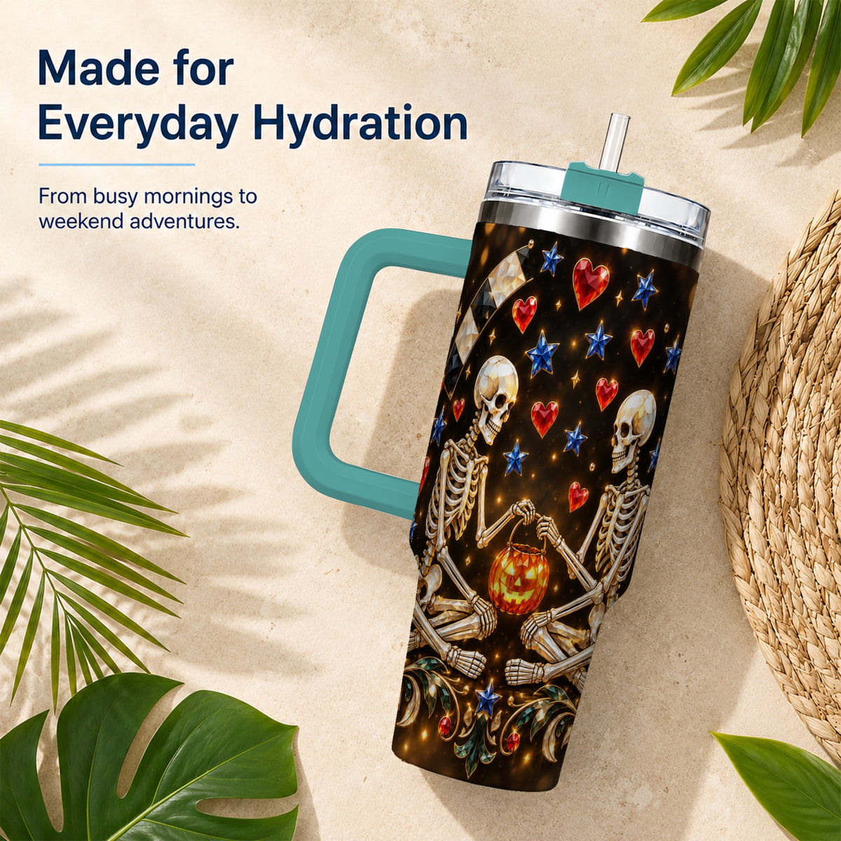 #pl[40oz|Green] Skeleton Couple 40oz Tumbler with Handle, Pumpkin Hearts Travel Cup