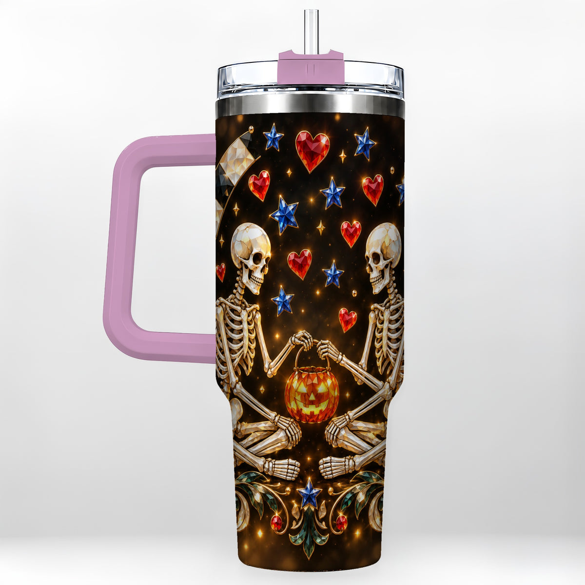 #pl[40oz|Pink] Skeleton Couple 40oz Tumbler with Handle, Pumpkin Hearts Travel Cup