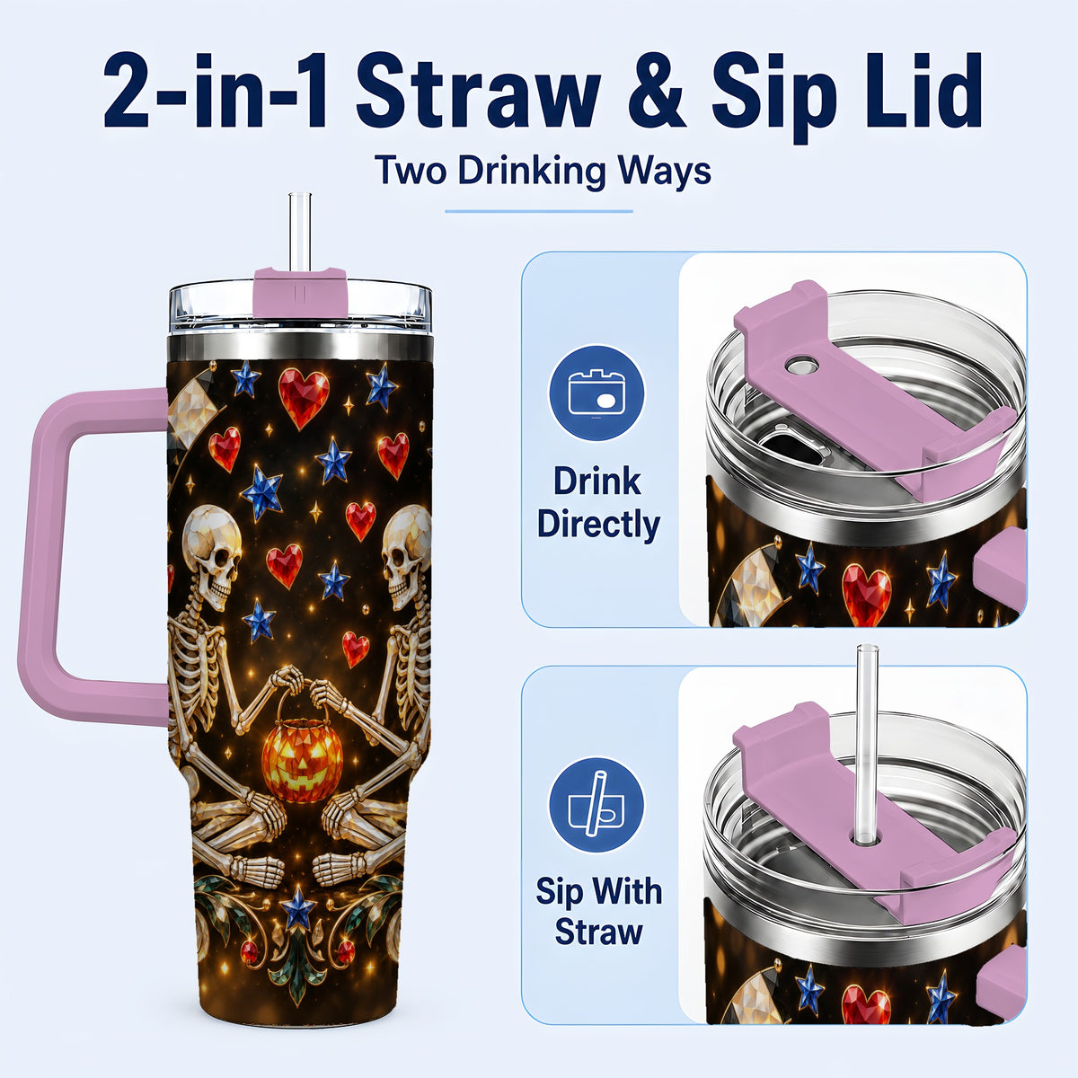 #pl[40oz|Pink] Skeleton Couple 40oz Tumbler with Handle, Pumpkin Hearts Travel Cup