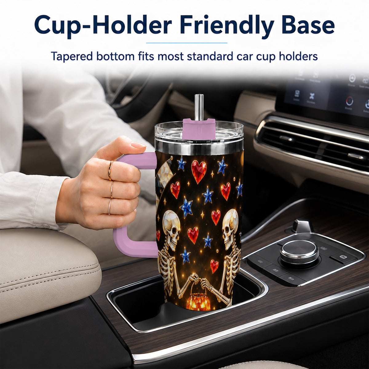 #pl[40oz|Pink] Skeleton Couple 40oz Tumbler with Handle, Pumpkin Hearts Travel Cup