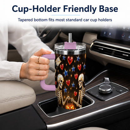 #pl[40oz|Pink] Skeleton Couple 40oz Tumbler with Handle, Pumpkin Hearts Travel Cup