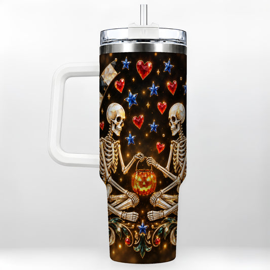 Skeleton Couple 40oz Tumbler with Handle, Pumpkin Hearts Travel Cup