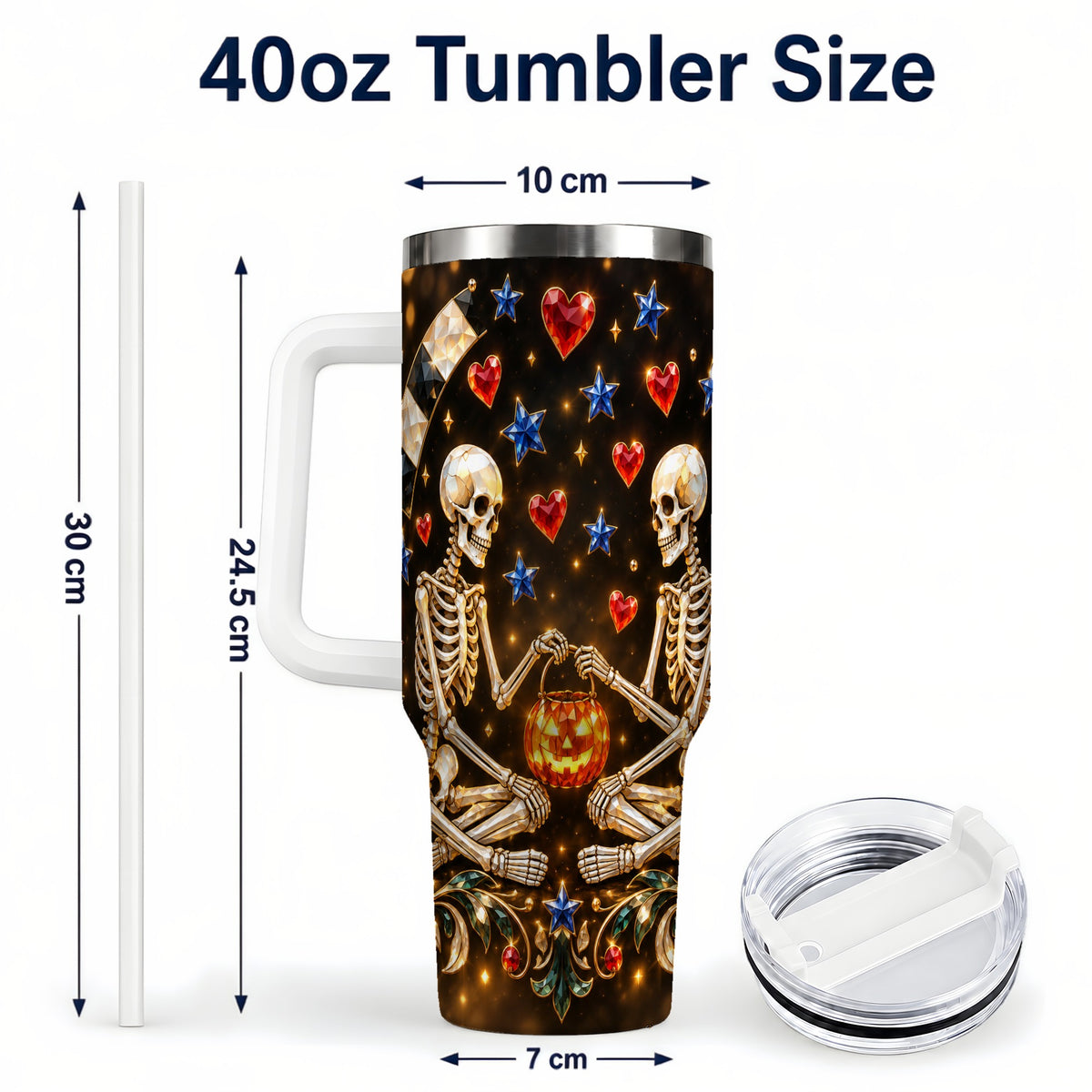 #pl[40oz|White] Skeleton Couple 40oz Tumbler with Handle, Pumpkin Hearts Travel Cup