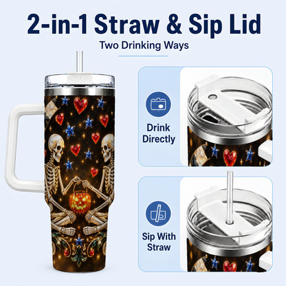 #pl[40oz|White] Skeleton Couple 40oz Tumbler with Handle, Pumpkin Hearts Travel Cup