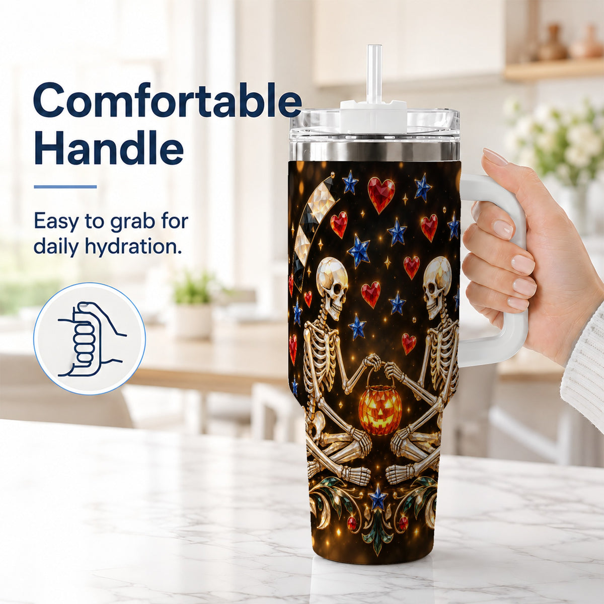 #pl[40oz|White] Skeleton Couple 40oz Tumbler with Handle, Pumpkin Hearts Travel Cup