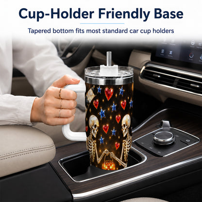 #pl[40oz|White] Skeleton Couple 40oz Tumbler with Handle, Pumpkin Hearts Travel Cup