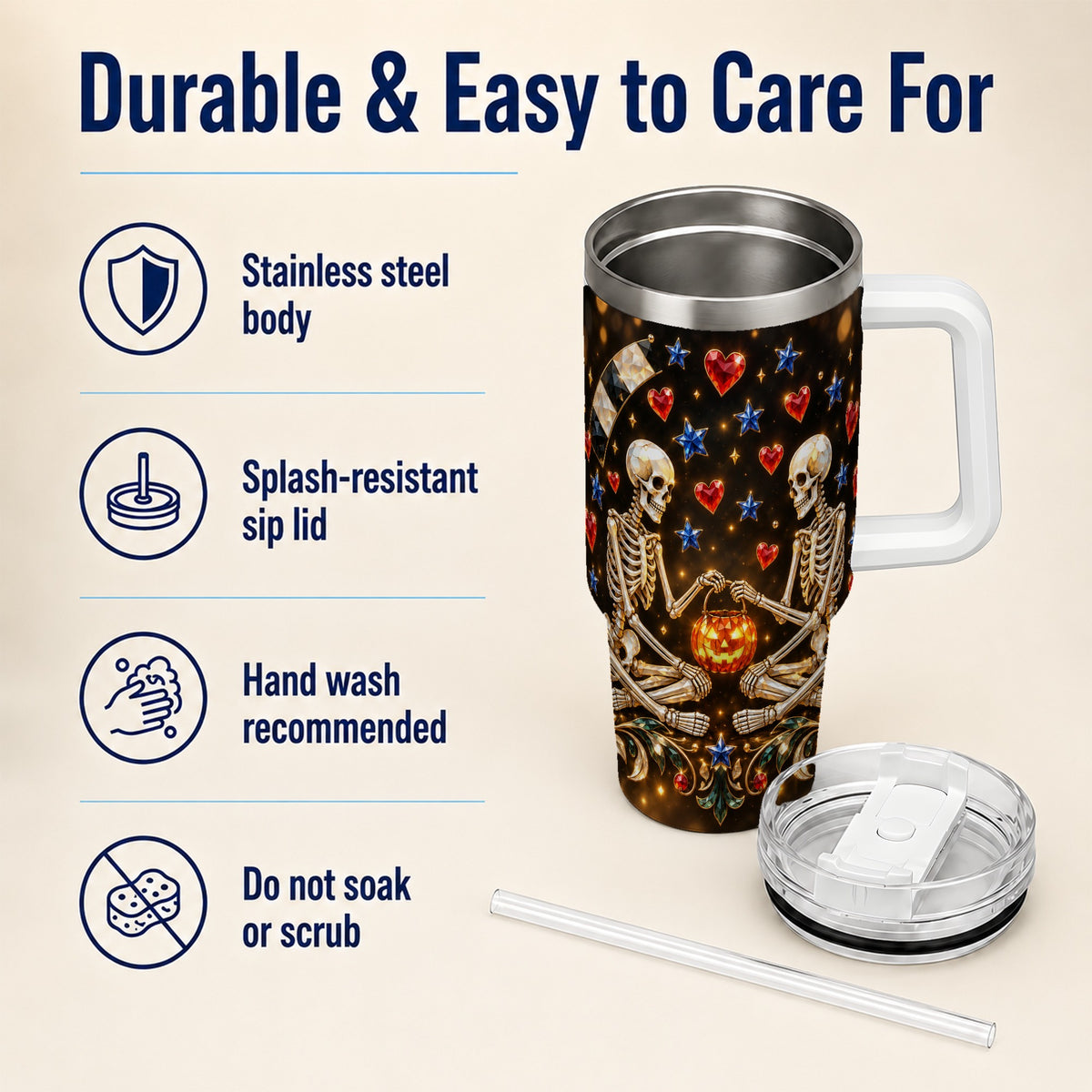 #pl[40oz|White] Skeleton Couple 40oz Tumbler with Handle, Pumpkin Hearts Travel Cup