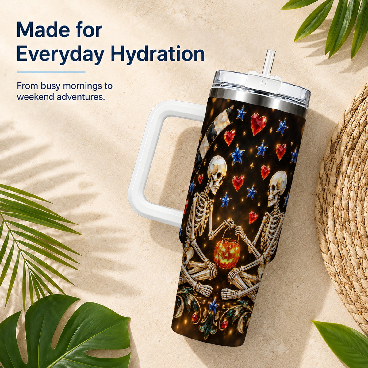 #pl[40oz|White] Skeleton Couple 40oz Tumbler with Handle, Pumpkin Hearts Travel Cup
