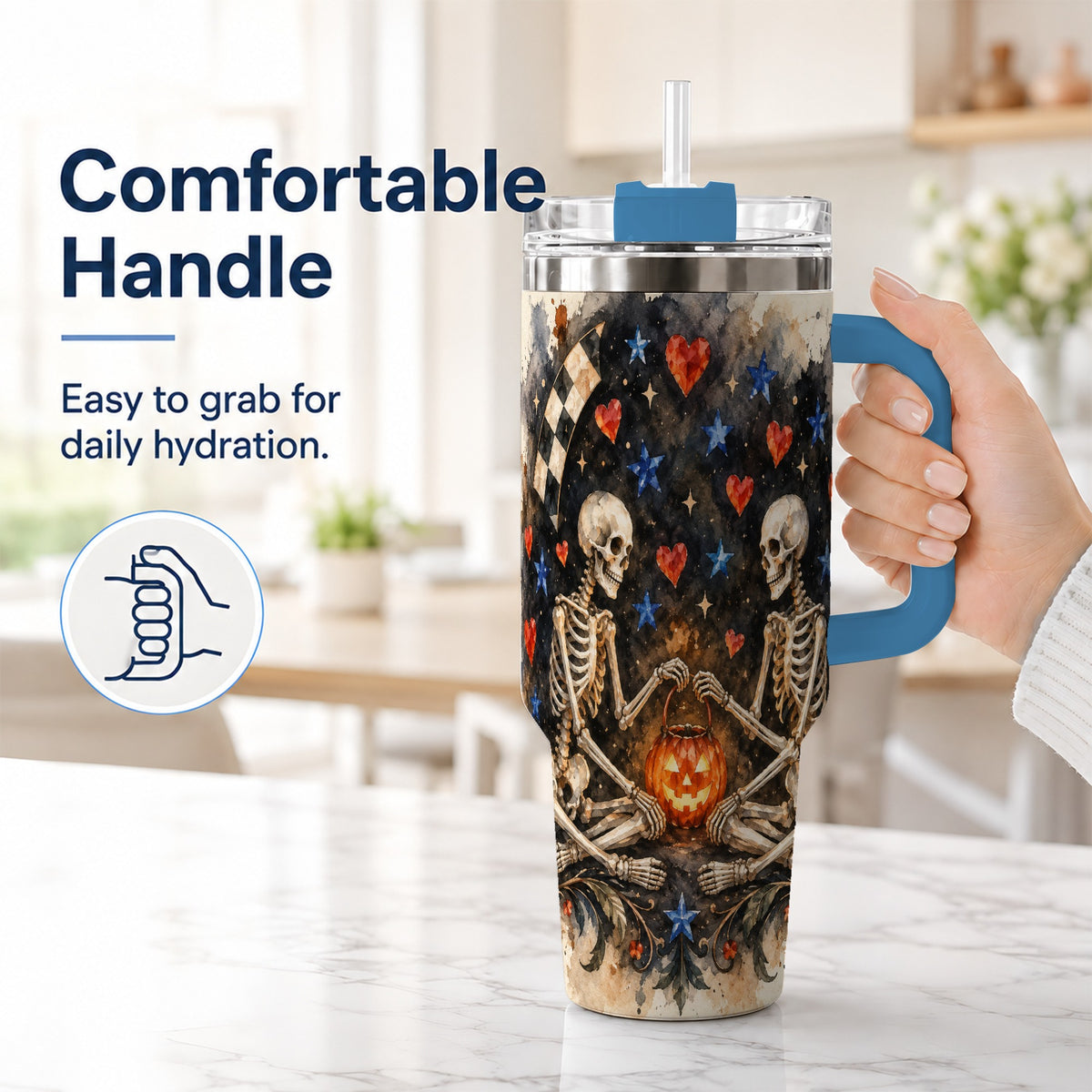 #pl[40oz|Blue] Skeleton Halloween 40oz Tumbler, Spooky Stainless Steel Travel Cup
