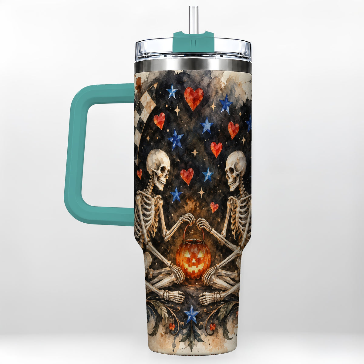 #pl[40oz|Green] Skeleton Halloween 40oz Tumbler, Spooky Stainless Steel Travel Cup