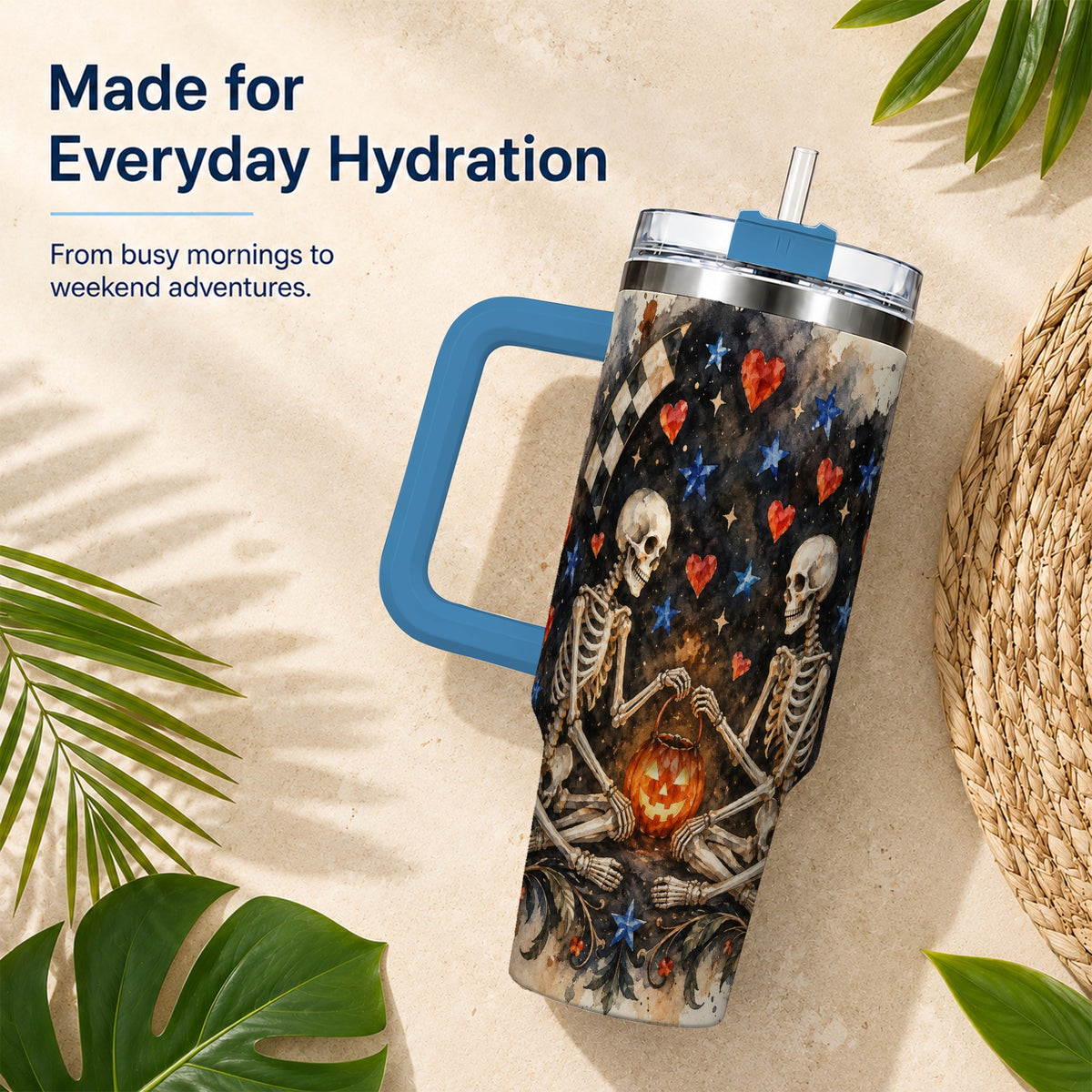 #pl[40oz|Blue] Skeleton Halloween 40oz Tumbler, Spooky Stainless Steel Travel Cup