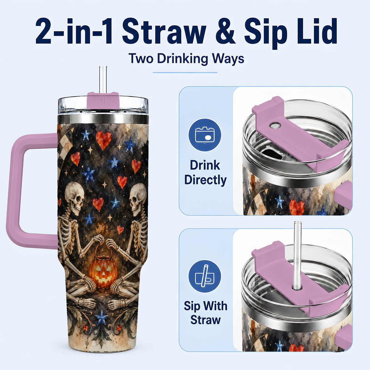 #pl[40oz|Pink] Skeleton Halloween 40oz Tumbler, Spooky Stainless Steel Travel Cup