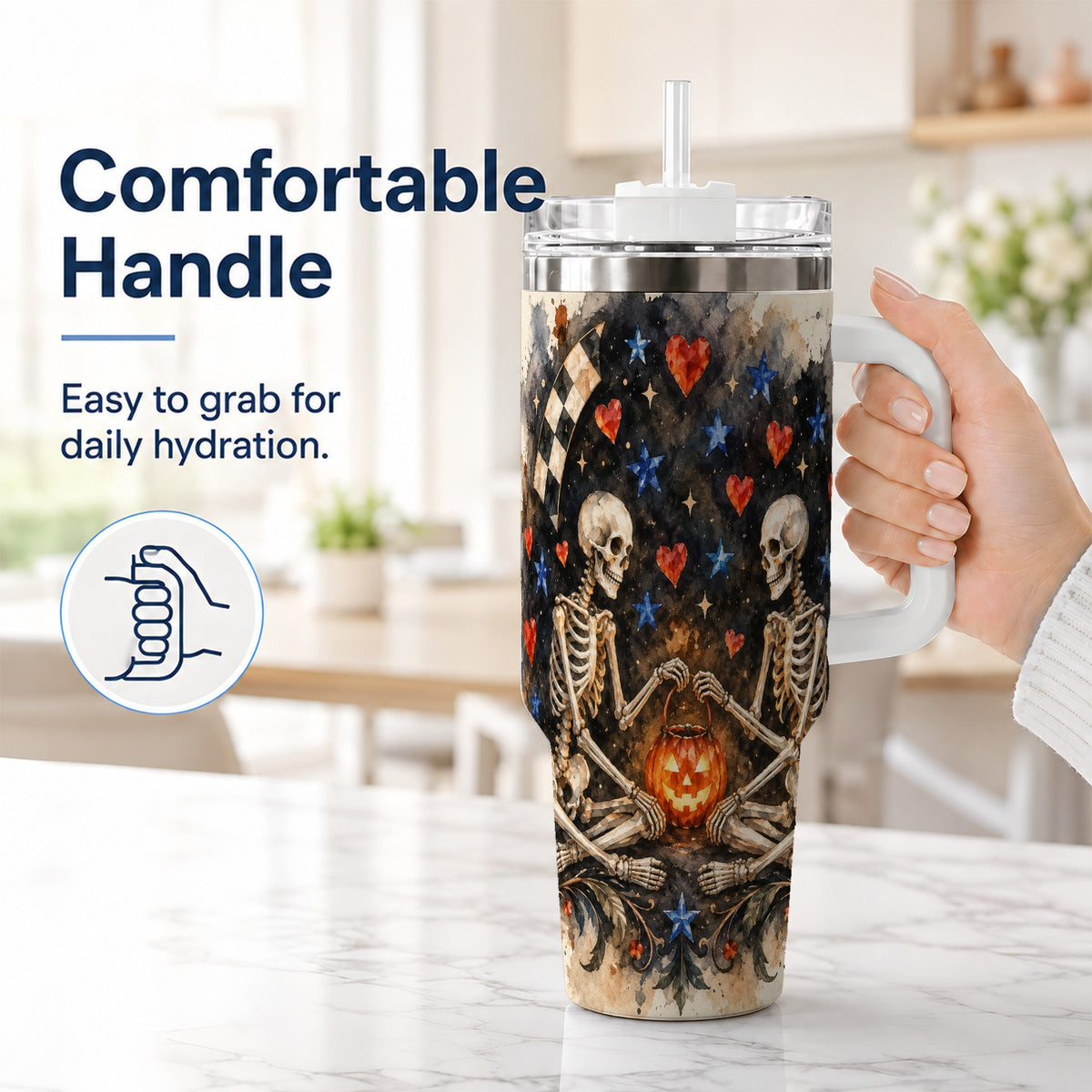 #pl[40oz|White] Skeleton Halloween 40oz Tumbler, Spooky Stainless Steel Travel Cup