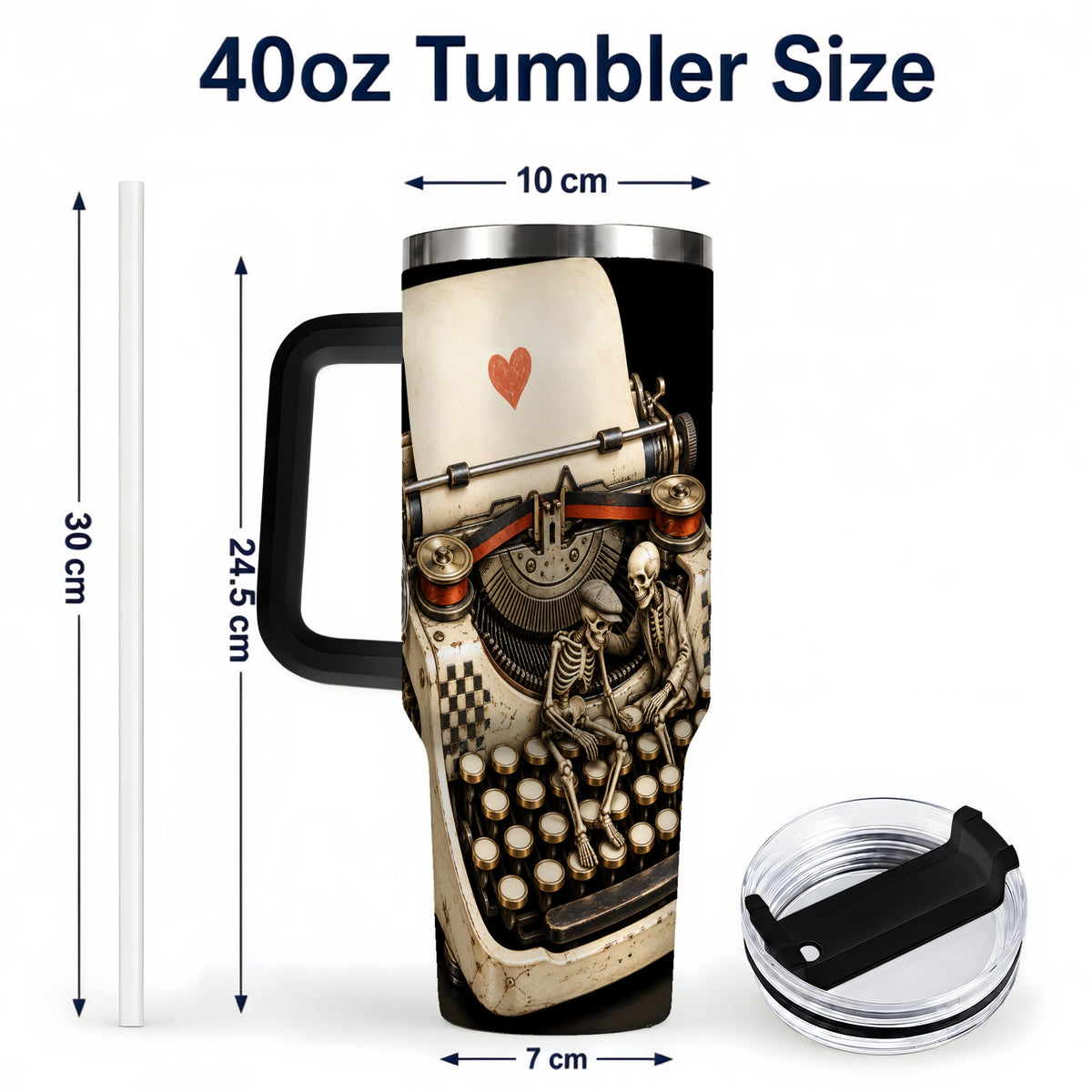 #pl[40oz|Black] Skeleton Typewriter 40oz Tumbler, Gothic Stainless Steel Travel Cup