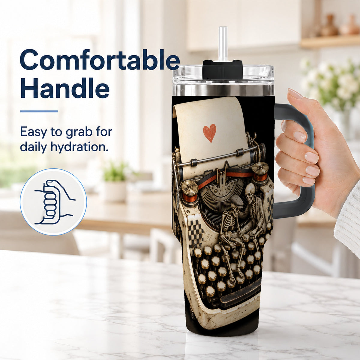 #pl[40oz|Black] Skeleton Typewriter 40oz Tumbler, Gothic Stainless Steel Travel Cup