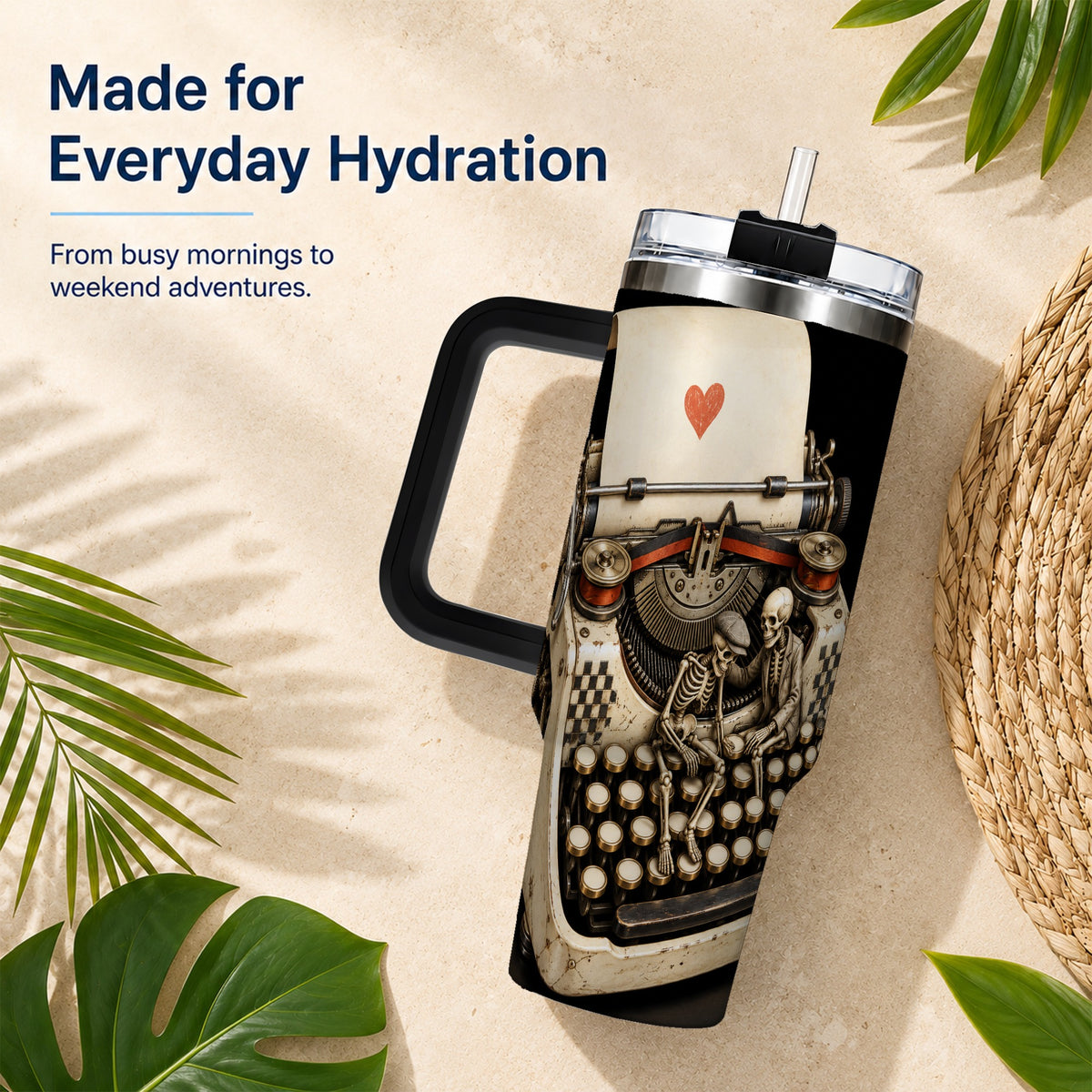 #pl[40oz|Black] Skeleton Typewriter 40oz Tumbler, Gothic Stainless Steel Travel Cup