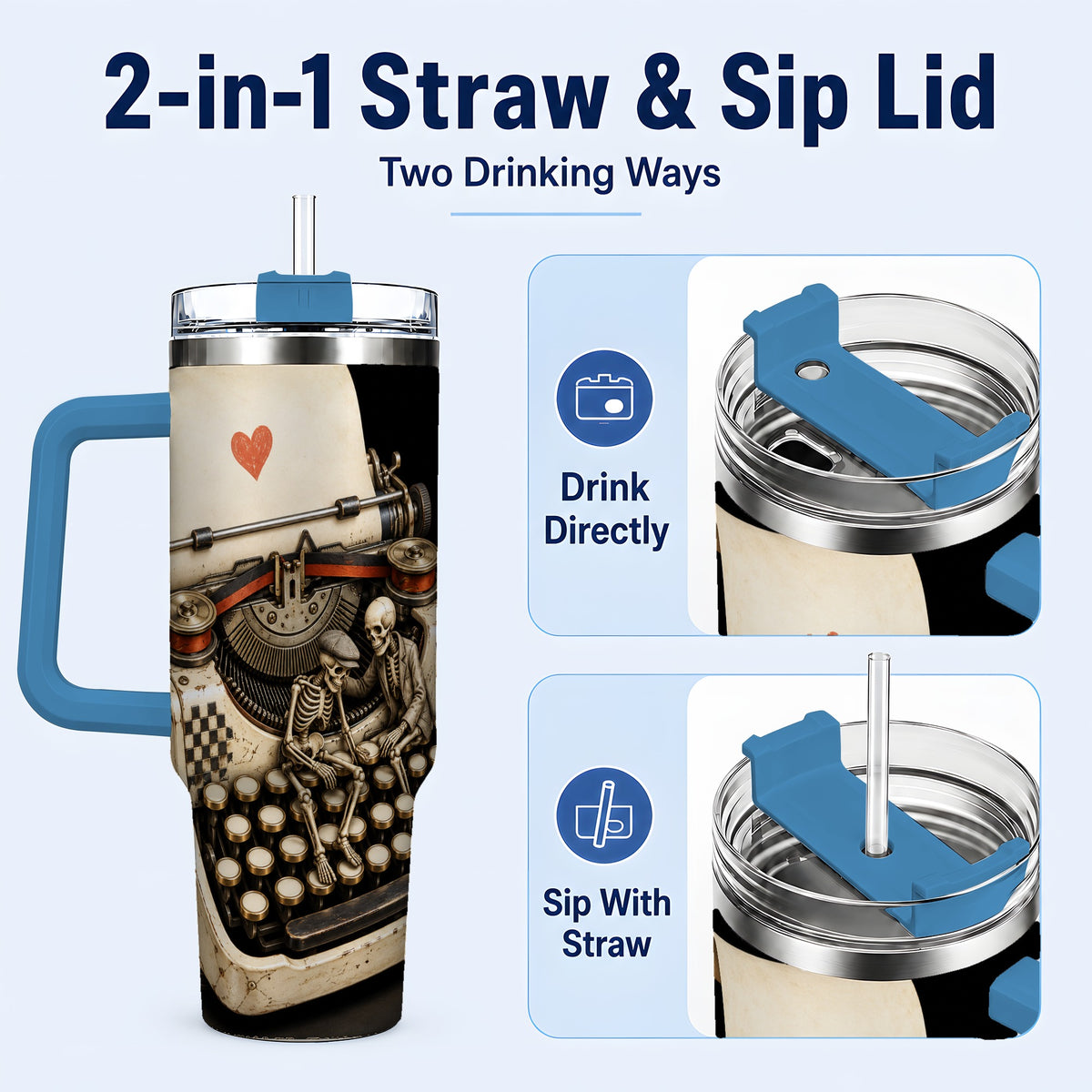 #pl[40oz|Blue] Skeleton Typewriter 40oz Tumbler, Gothic Stainless Steel Travel Cup