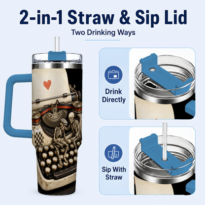 #pl[40oz|Blue] Skeleton Typewriter 40oz Tumbler, Gothic Stainless Steel Travel Cup