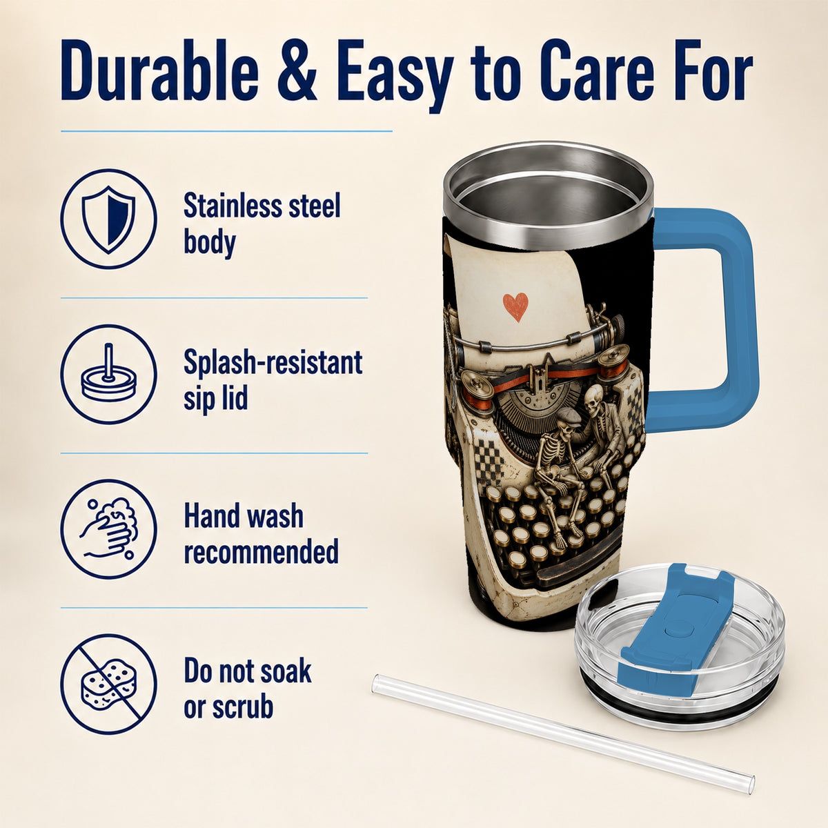 #pl[40oz|Blue] Skeleton Typewriter 40oz Tumbler, Gothic Stainless Steel Travel Cup
