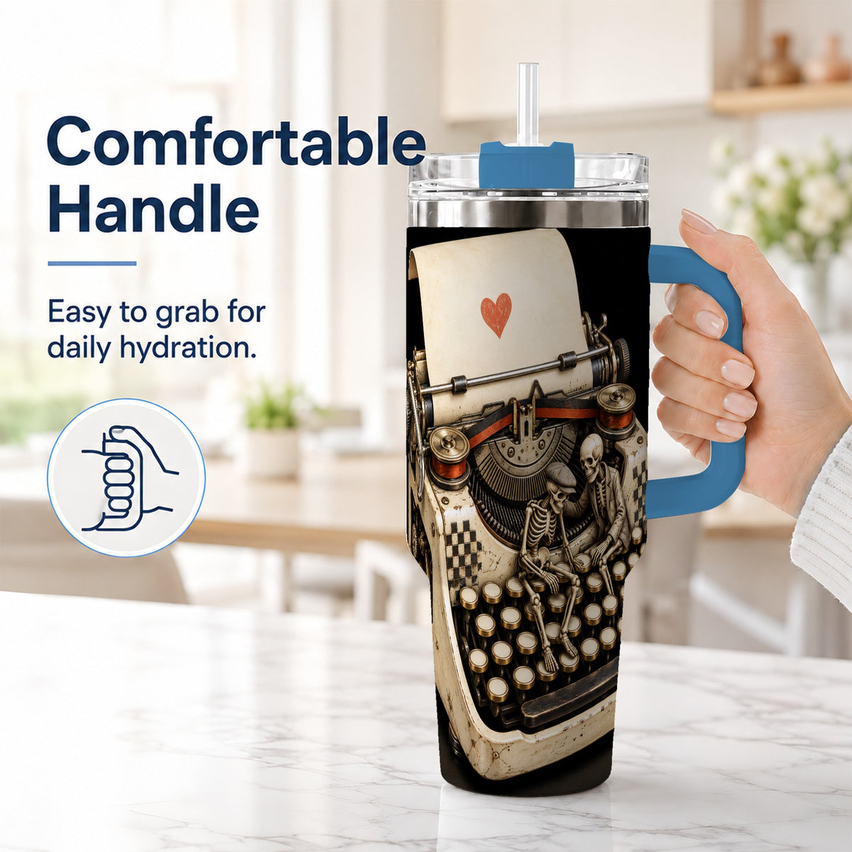 #pl[40oz|Blue] Skeleton Typewriter 40oz Tumbler, Gothic Stainless Steel Travel Cup