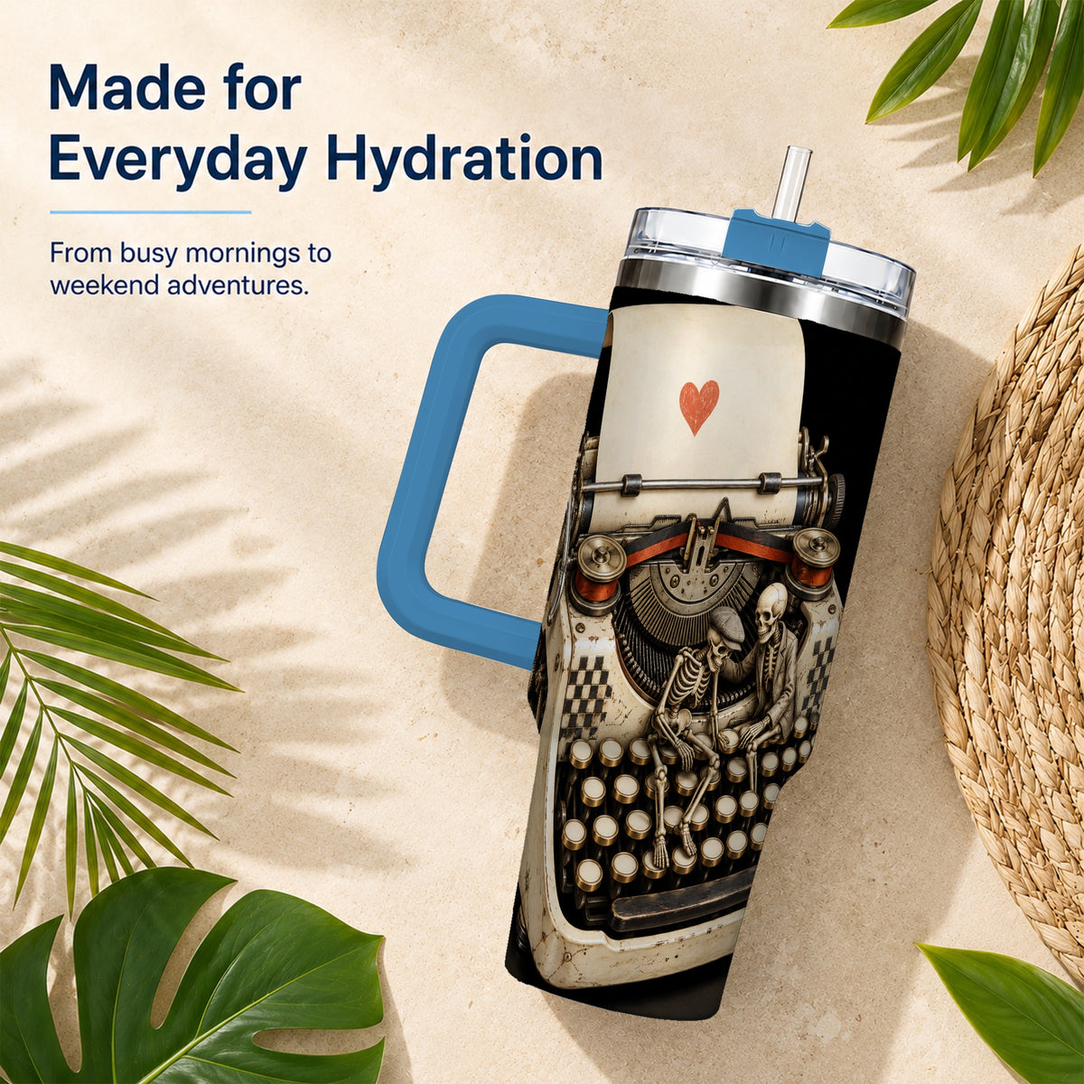 #pl[40oz|Blue] Skeleton Typewriter 40oz Tumbler, Gothic Stainless Steel Travel Cup