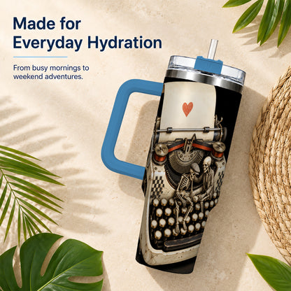 #pl[40oz|Blue] Skeleton Typewriter 40oz Tumbler, Gothic Stainless Steel Travel Cup