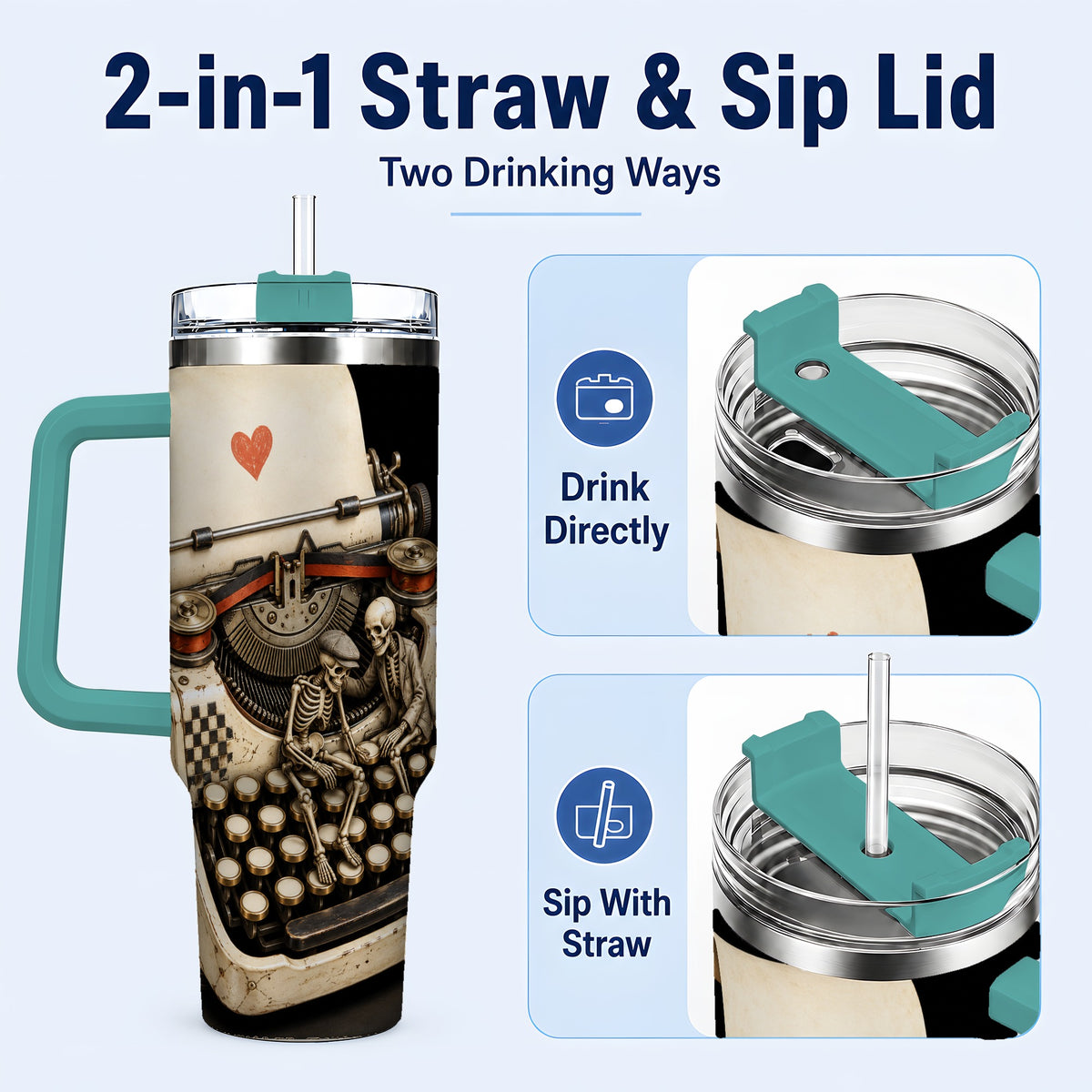 #pl[40oz|Green] Skeleton Typewriter 40oz Tumbler, Gothic Stainless Steel Travel Cup