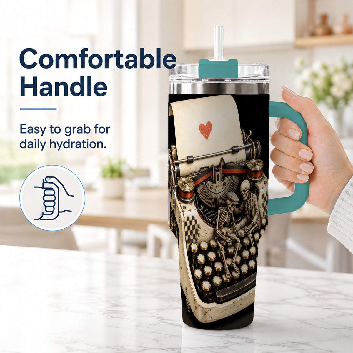 #pl[40oz|Green] Skeleton Typewriter 40oz Tumbler, Gothic Stainless Steel Travel Cup