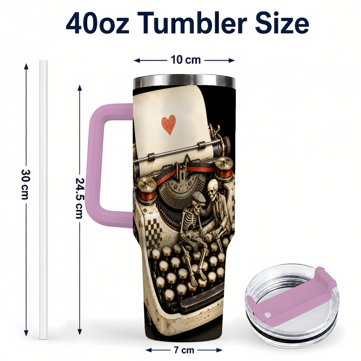 #pl[40oz|Pink] Skeleton Typewriter 40oz Tumbler, Gothic Stainless Steel Travel Cup