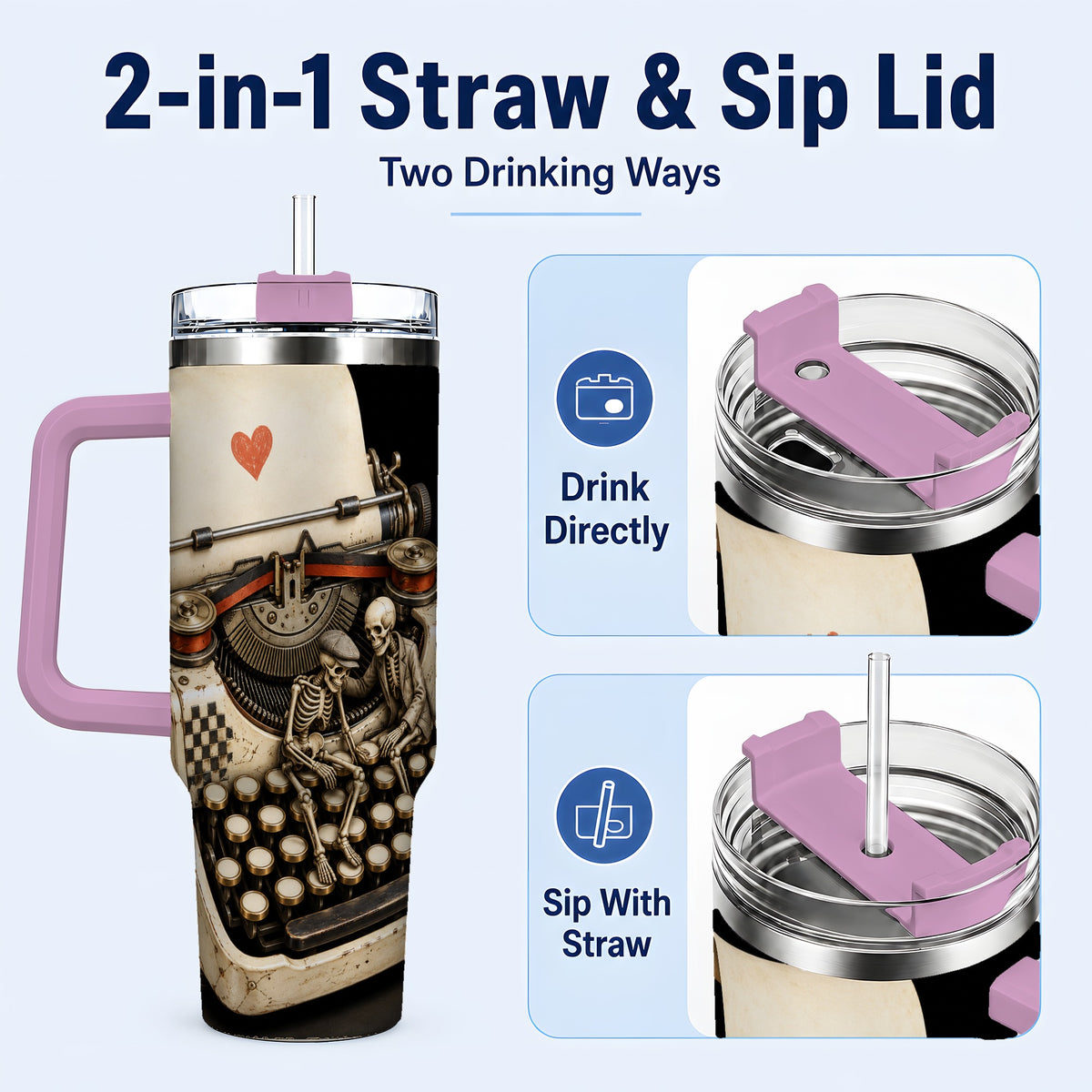 #pl[40oz|Pink] Skeleton Typewriter 40oz Tumbler, Gothic Stainless Steel Travel Cup