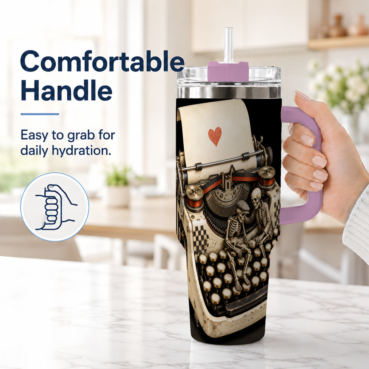 #pl[40oz|Pink] Skeleton Typewriter 40oz Tumbler, Gothic Stainless Steel Travel Cup