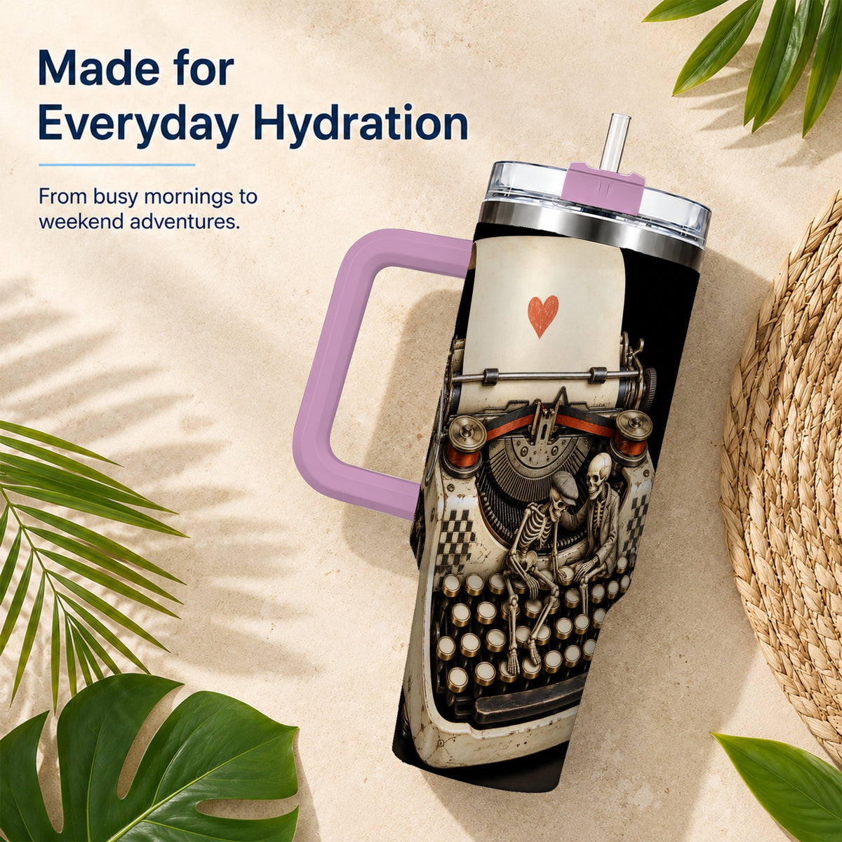 #pl[40oz|Pink] Skeleton Typewriter 40oz Tumbler, Gothic Stainless Steel Travel Cup