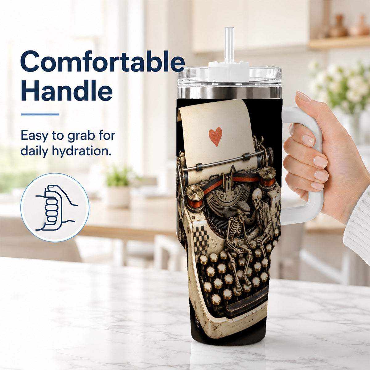 #pl[40oz|White] Skeleton Typewriter 40oz Tumbler, Gothic Stainless Steel Travel Cup