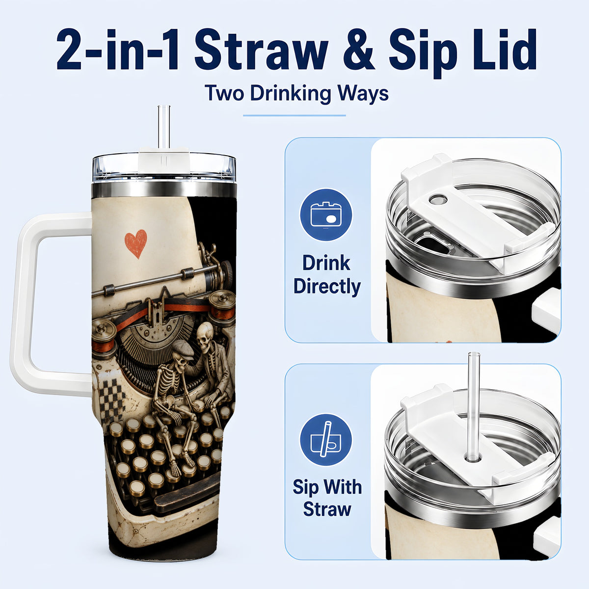 #pl[40oz|White] Skeleton Typewriter 40oz Tumbler, Gothic Stainless Steel Travel Cup