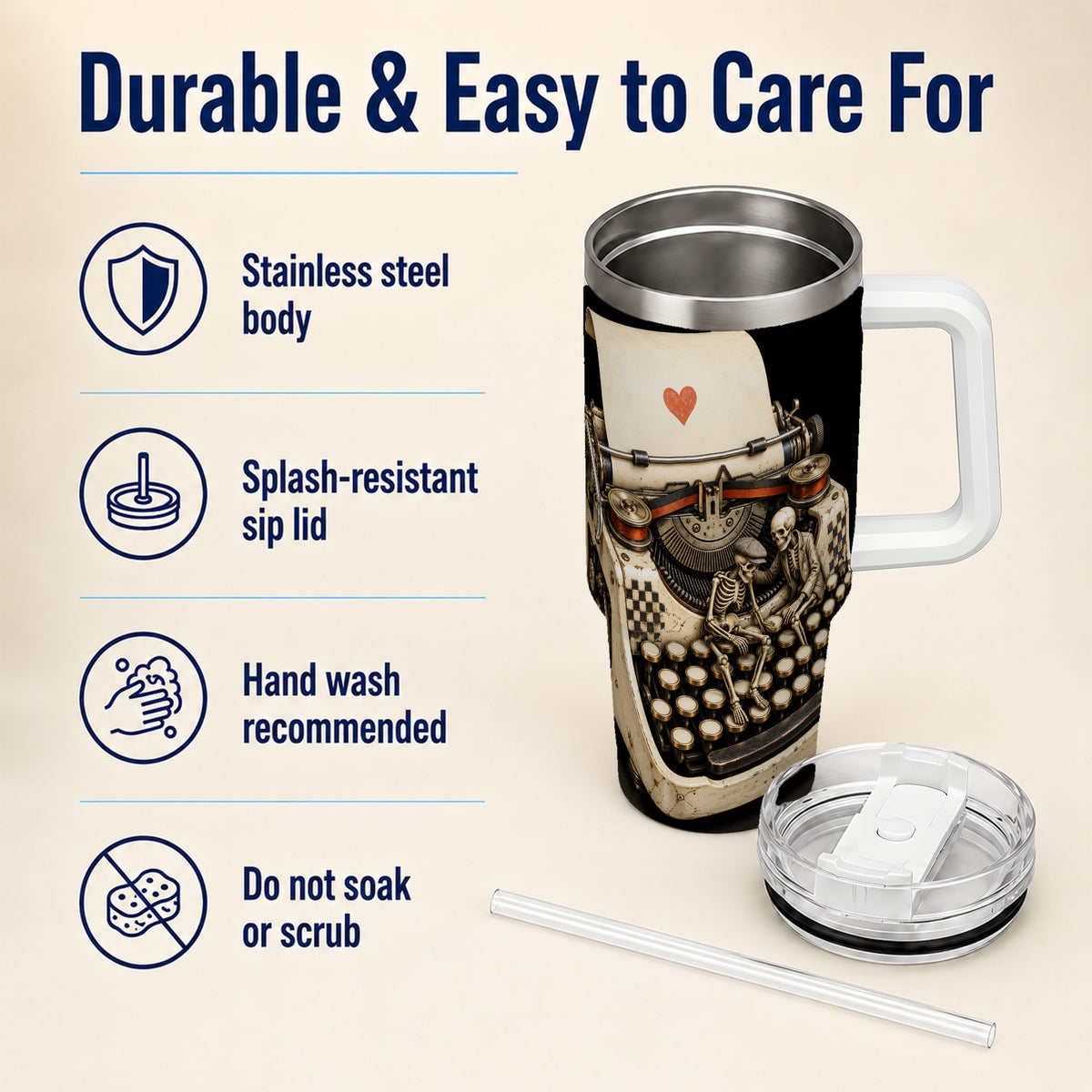 #pl[40oz|White] Skeleton Typewriter 40oz Tumbler, Gothic Stainless Steel Travel Cup