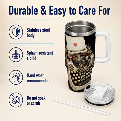 #pl[40oz|White] Skeleton Typewriter 40oz Tumbler, Gothic Stainless Steel Travel Cup