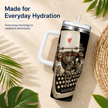 #pl[40oz|White] Skeleton Typewriter 40oz Tumbler, Gothic Stainless Steel Travel Cup