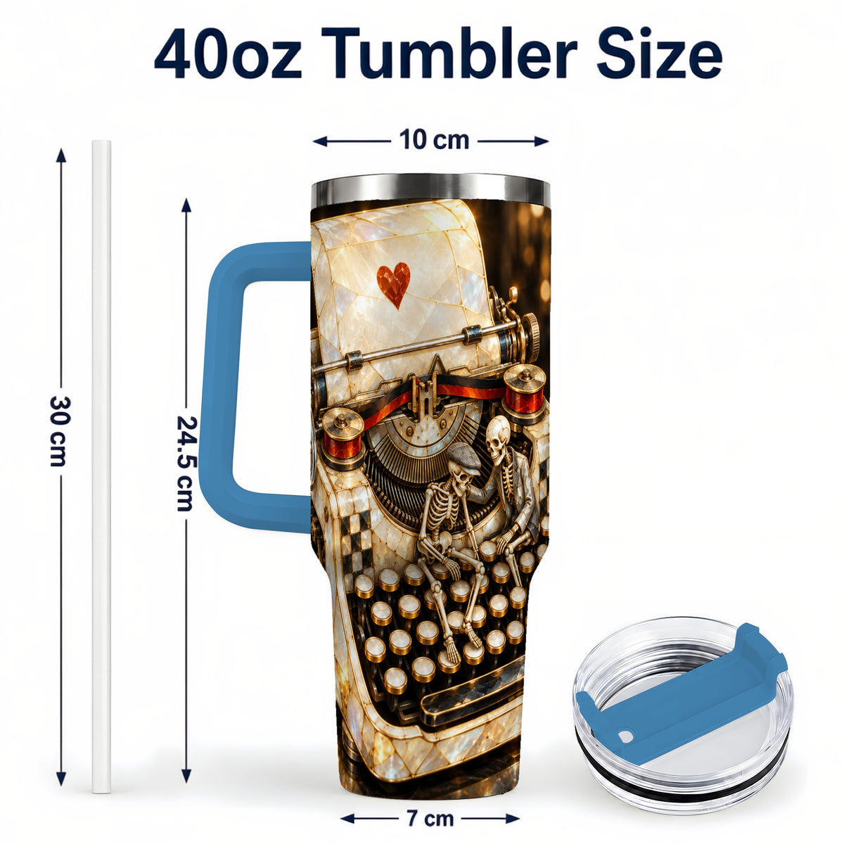#pl[40oz|Blue] Pearlescent Typewriter 40oz Tumbler, Gothic Stainless Steel Travel Cup