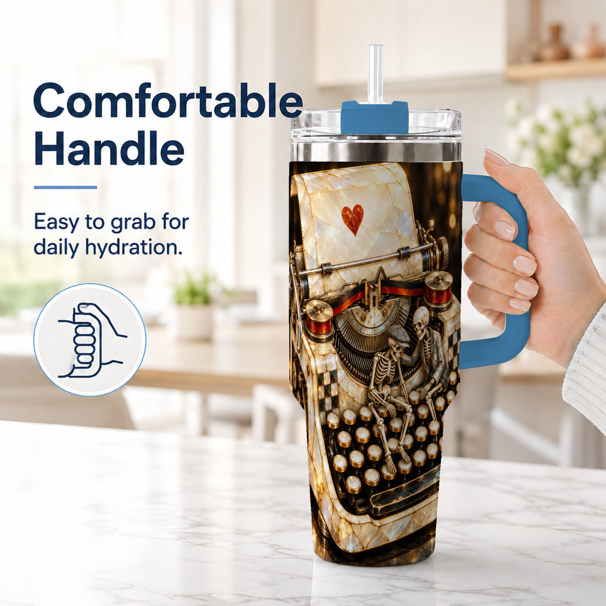#pl[40oz|Blue] Pearlescent Typewriter 40oz Tumbler, Gothic Stainless Steel Travel Cup